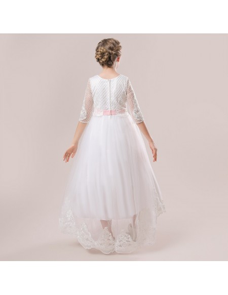 Elegant White Lace Flower Girls Dress with Half Sleeves