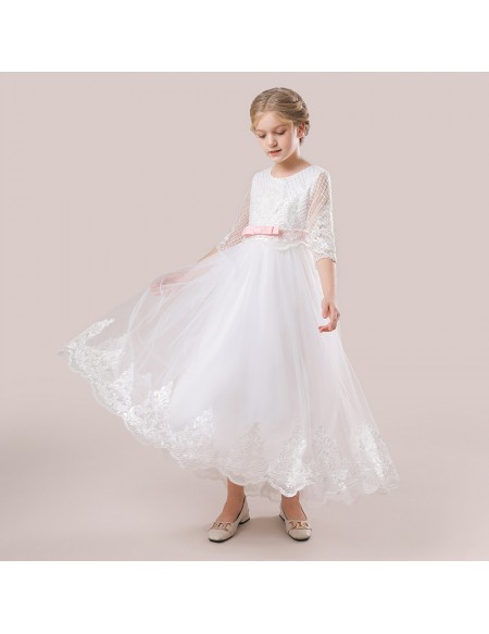 Elegant White Lace Flower Girls Dress with Half Sleeves