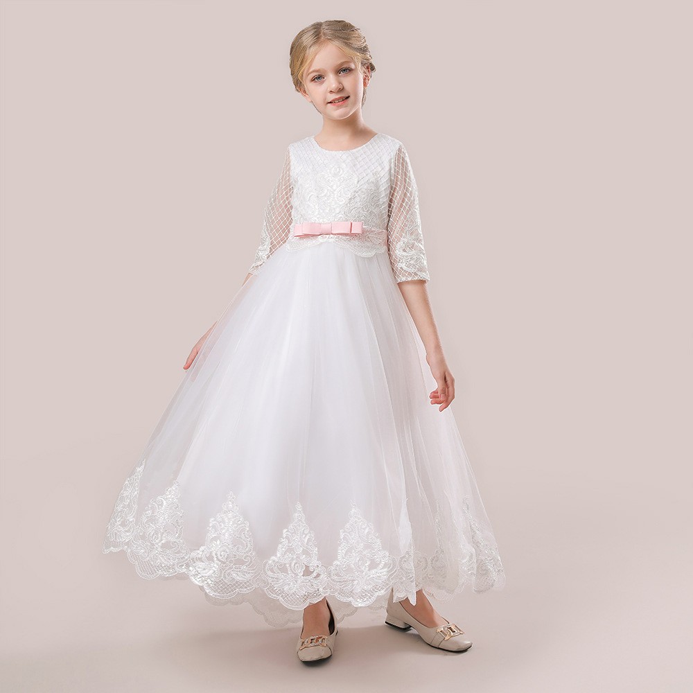 Elegant White Lace Flower Girls Dress with Half Sleeves #MQ3680 ...