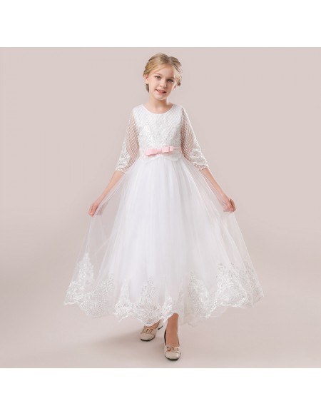 Elegant White Lace Flower Girls Dress with Half Sleeves