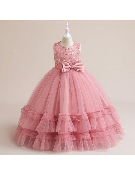 Pink Tulle Long Formal Dress Sleeveless For Girls