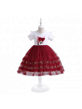 Little Girls White And Red Sequined Party Dress with Sequined Deer