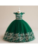 Green Tulle Ballgown Long Party Dress with Flowers 4 Colors