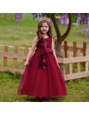 Burgundy Long Tulle Ballgown Girls Formal Dress For Children