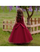 Burgundy Long Tulle Ballgown Girls Formal Dress For Children