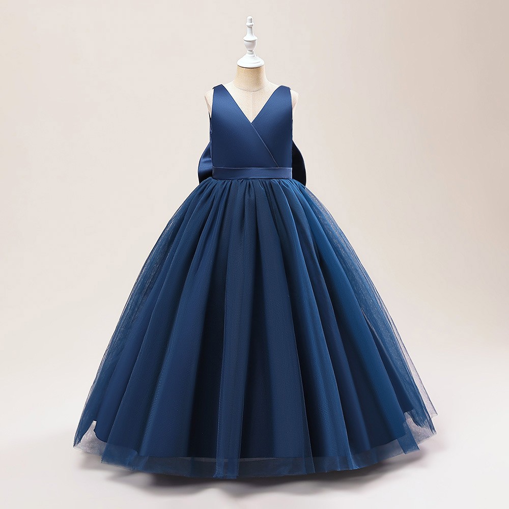 3D Floral V-Neck Lace Tulle Flower Girl Dress With Bow Dusty Sage
