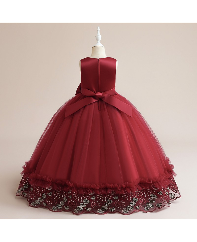 Burgundy Red Long Ballgown Formal Dress with Embroidery For Children # ...