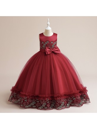 Burgundy Red Long Ballgown Formal Dress with Embroidery For Children