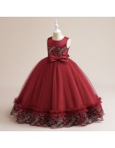Burgundy Red Long Ballgown Formal Dress with Embroidery For Children
