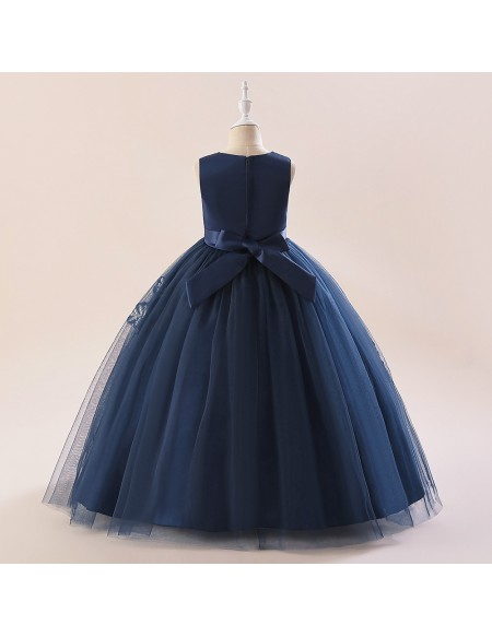 Navy Blue Ballgown Tulle Sleeveless Formal Dress For Girls
