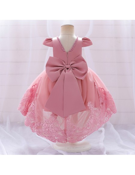 Toddler Girls High Low Lace Party Dress with Big Bow In Back