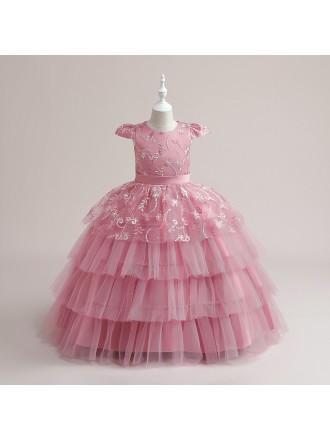 Children Girls Ballgown Pink Long Formal Dress with Embroidery