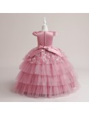Children Girls Ballgown Pink Long Formal Dress with Embroidery