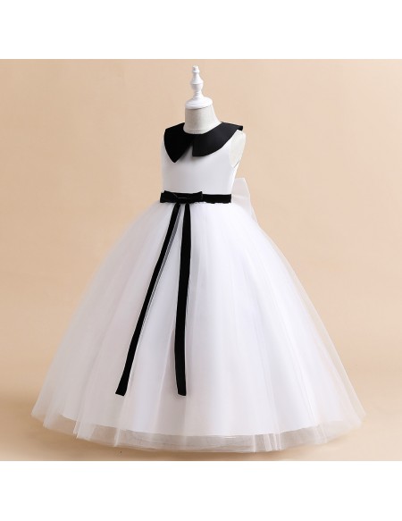 Two Tone Color Long Tulle Formal Girls Party Dress with Sash