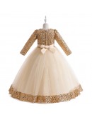 Dark Green Long Tulle Sequined Long Sleeved Party Dress For Girls
