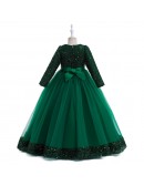 Dark Green Long Tulle Sequined Long Sleeved Party Dress For Girls