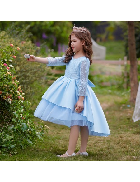 Sky Blue High Low Lace Girls Party Dress with Long Sleeves