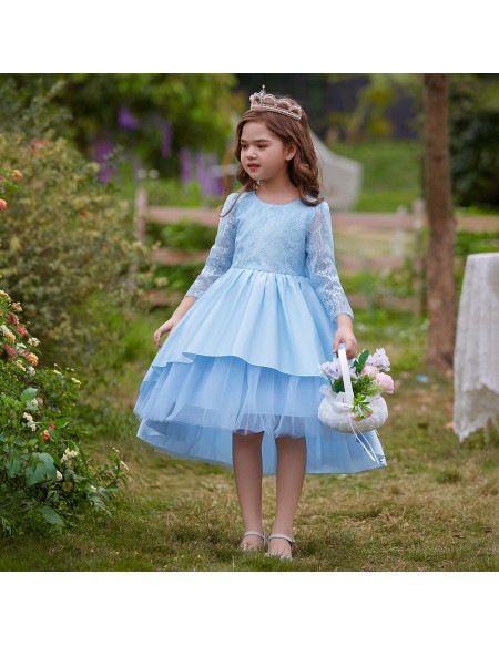 Sky Blue High Low Lace Girls Party Dress with Long Sleeves