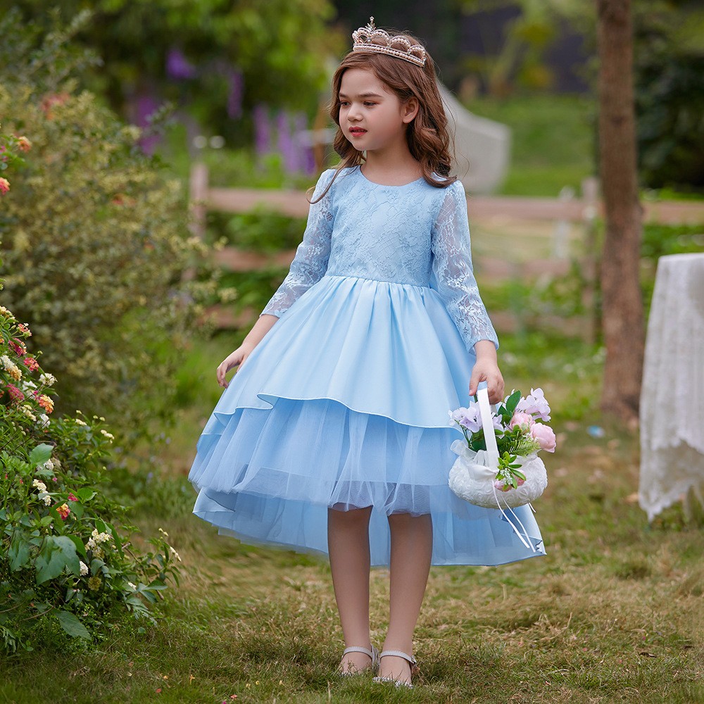 Girls Floral Embroidered Lace High-Low Fit Flare Party Dress