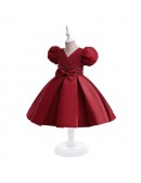 Little Girls Pleated Satin Flower Girl Dress with Bubble Sleeves