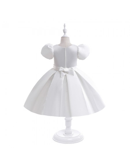 Little Girls Pleated Satin Flower Girl Dress with Bubble Sleeves