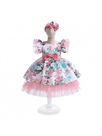Toddler Girls Floral Prints Party Dress with Bow Sash