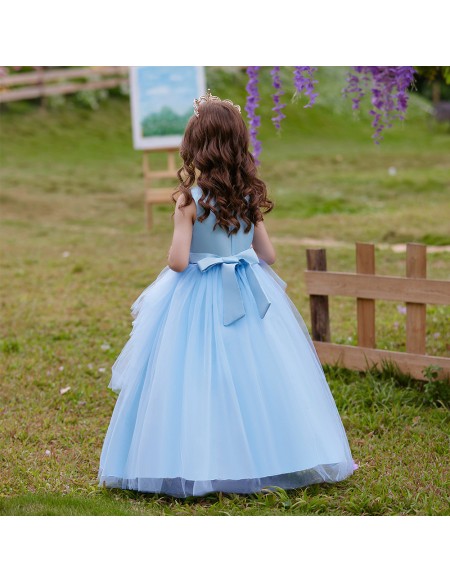 Sky Blue Long Tulle Girls Formal Gown with Embroidery