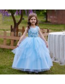 Sky Blue Long Tulle Girls Formal Gown with Embroidery