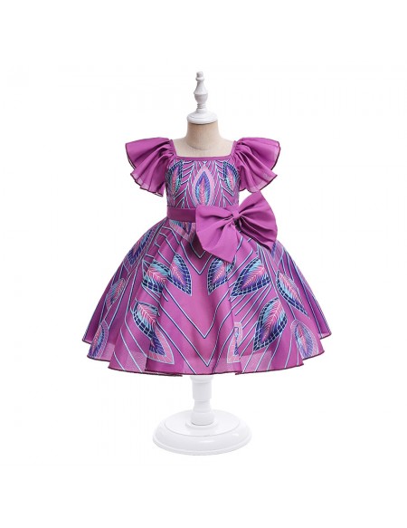 Purple Square Neckline Leaf Pattern Party Dress For Girls