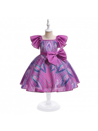 Purple Square Neckline Leaf Pattern Party Dress For Girls