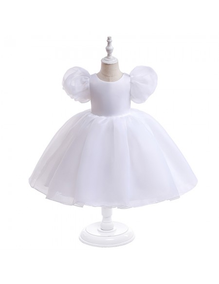 Simple Cute Ballgown Little Girls Party Dress with Bubble Sleeves White Pink 2 Colors