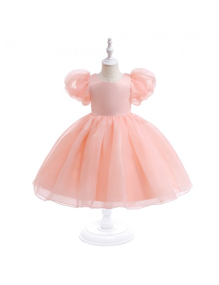Simple Cute Ballgown Little Girls Party Dress with Bubble Sleeves White Pink 2 Colors