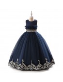 Navy Blue Formal Ballgown Long Dress For Girls with Lace Trim