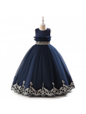 Navy Blue Formal Ballgown Long Dress For Girls with Lace Trim