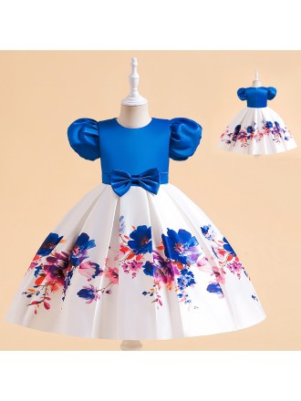Toddler Girls Flower Printed Party Dress with Bubble Sleeves