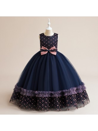 Navy Blue Ballgown Long Tulle Girls Formal Dress with Bow Knot