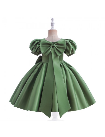 Green Satin Aline Girls Short Formal Dress with Bubble Sleeves