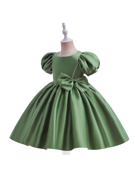 Green Satin Aline Girls Short Formal Dress with Bubble Sleeves