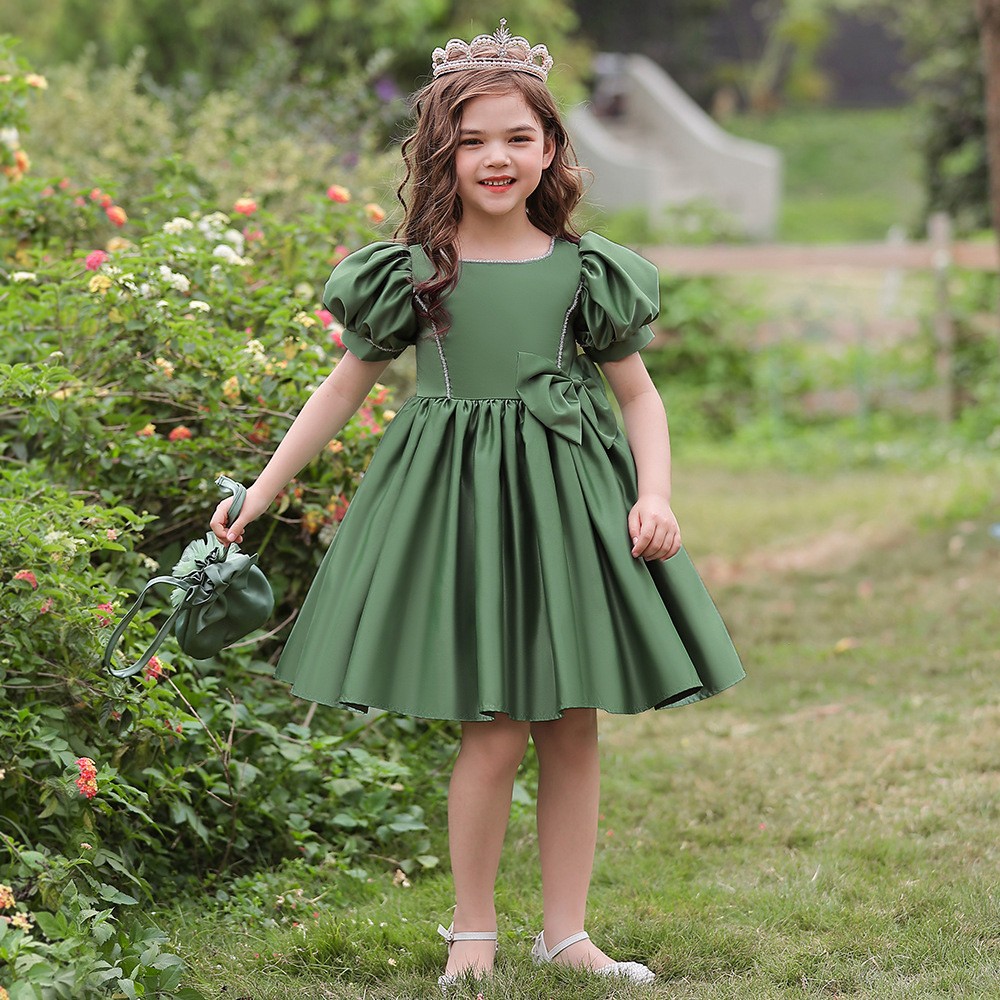 Green Satin Aline Girls Short Formal Dress with Bubble Sleeves #MQ3607 ...
