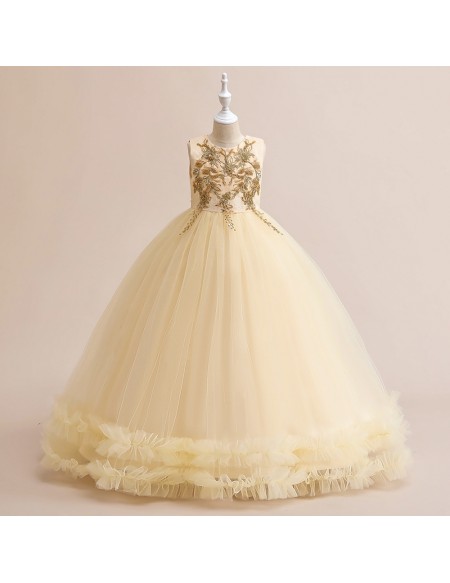 Elegant Champagne Long Tulle Formal Dress with Embroidery