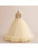 Elegant Champagne Long Tulle Formal Dress with Embroidery