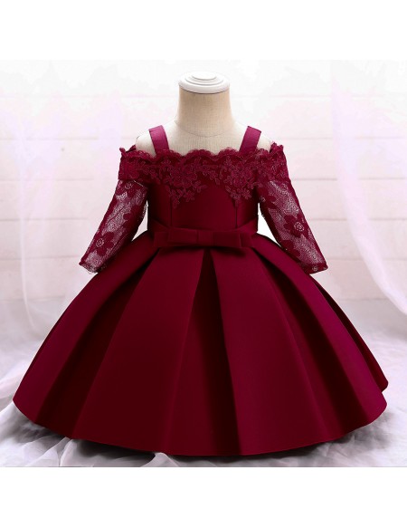 Baby Girls Satin Flower Girl Dress with Lace Sleeves