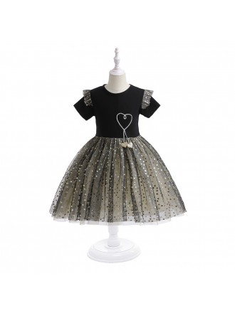 Black Sequined Girls Party Dress with Bling Stars