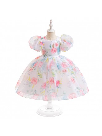 Floral Prints Children Girls Party Dress with Cute Bubble Sleeves