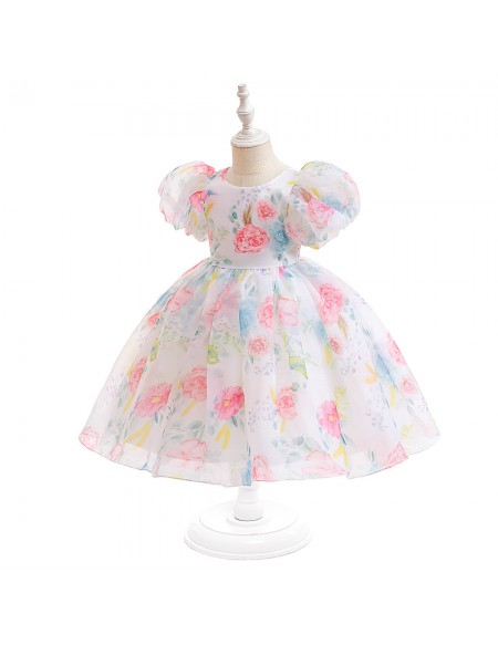 Floral Prints Children Girls Party Dress with Cute Bubble Sleeves