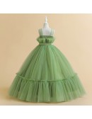 Elegant Green Tulle Flower Girls Long Party Dress 5 Colors