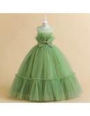 Elegant Green Tulle Flower Girls Long Party Dress 5 Colors