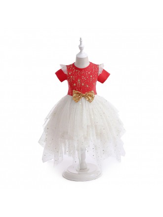 Red And White Bling Stars Puffy Tulle Girls Party Dress with Short Sleeves