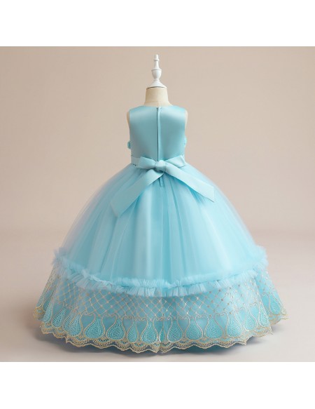 Sky Blue Formal Girls Pageant Gown with Embroidery