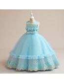 Sky Blue Formal Girls Pageant Gown with Embroidery